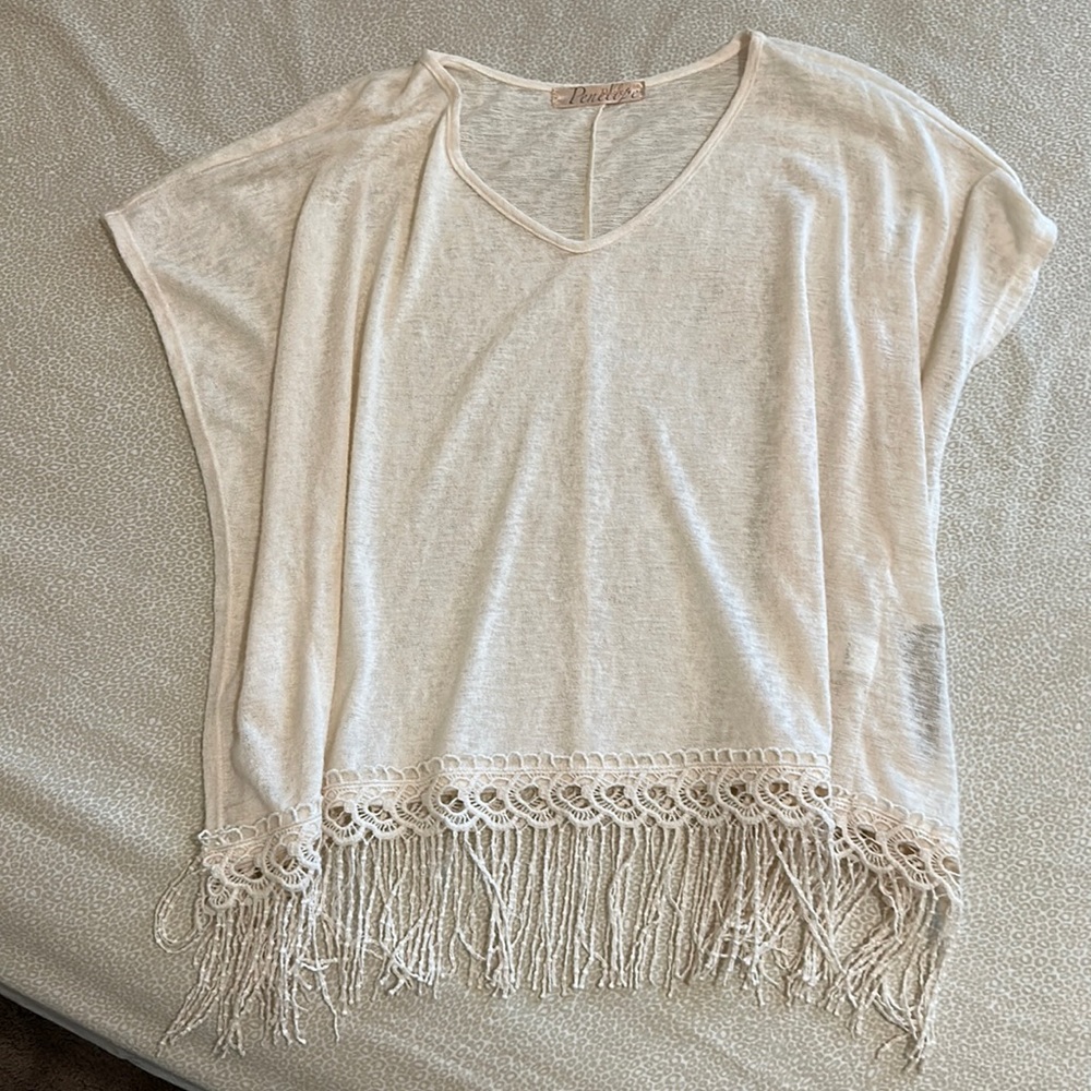 NWT BOHO cream top with fringed bottom by Penelope Project Light& stretchy beach